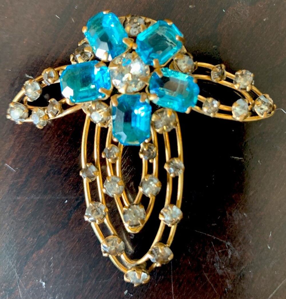 Mid-Century M & S 1/20 12K Gold Filled Teal Crystal Brooch~Pendant Art Deco RARE